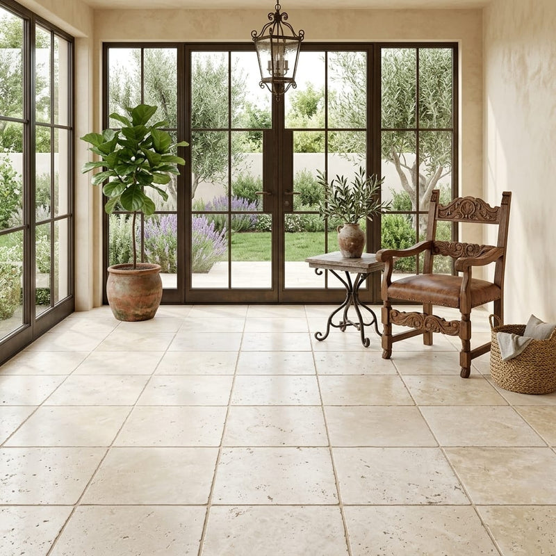 Ivory Travertine Tile 16x16 Tumbled — Sunroom floor