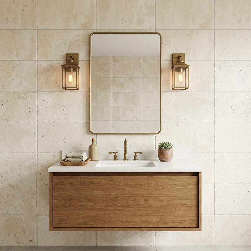 Ivory Travertine Tile 16x24 Brushed Chiseled — Bathroom vanity wall