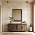 Ivory Travertine Tile 16x24 Brushed Chiseled — Living Room feature wall