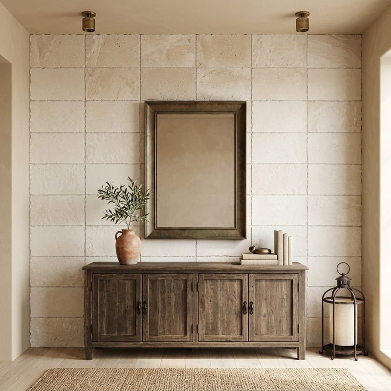 Ivory Travertine Tile 16x24 Brushed Chiseled — Living Room feature wall
