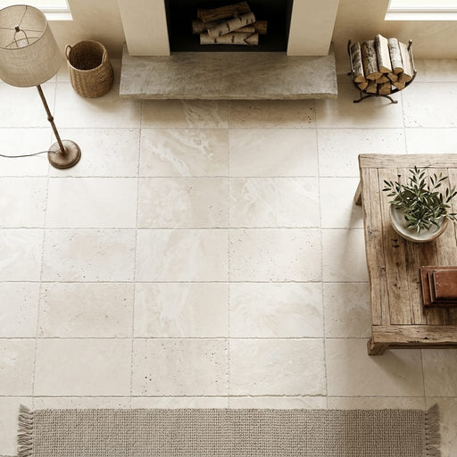 Ivory Travertine Tile 16x24 Brushed Chiseled — Living Room floor
