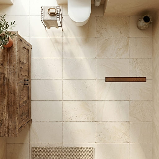 Ivory Travertine Tile 16x24 Tumbled — Bathroom floor