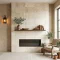Ivory Travertine Tile 16x24 Tumbled — Living Room fireplace surround