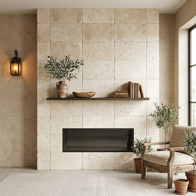 Ivory Travertine Tile 16x24 Tumbled — Living Room fireplace surround