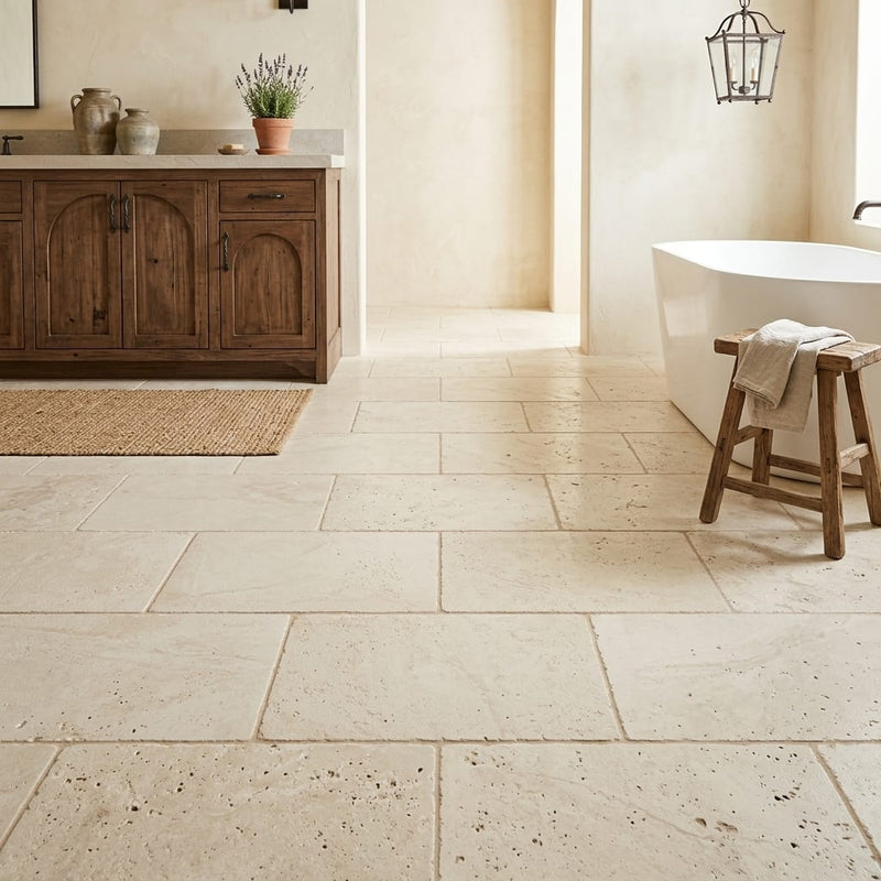 Ivory Travertine Tile 16x24 Tumbled — Primary Bath floor