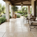 Ivory Travertine Tile 18x18 Brushed Chiseled — Covered Patio floor