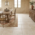 Ivory Travertine Tile 18x18 Brushed Chiseled — Dining Room floor