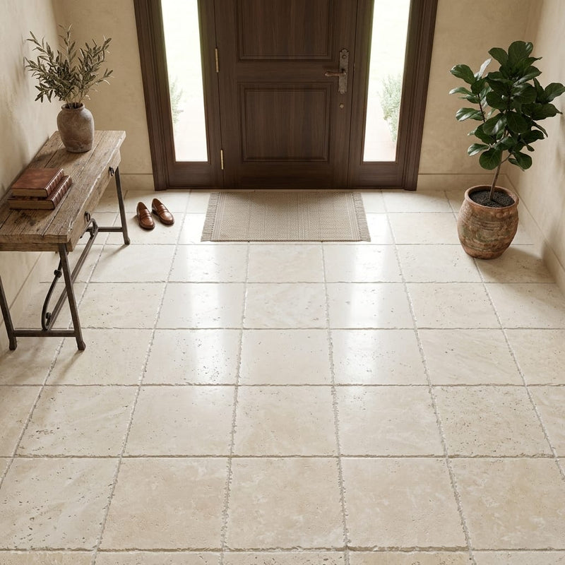 Ivory Travertine Tile 18x18 Brushed Chiseled — Foyer floor