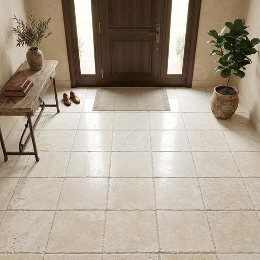 Ivory Travertine Tile 18x18 Brushed Chiseled — Foyer floor