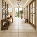 Ivory Travertine Tile 18x18 Brushed Chiseled — Hallway floor