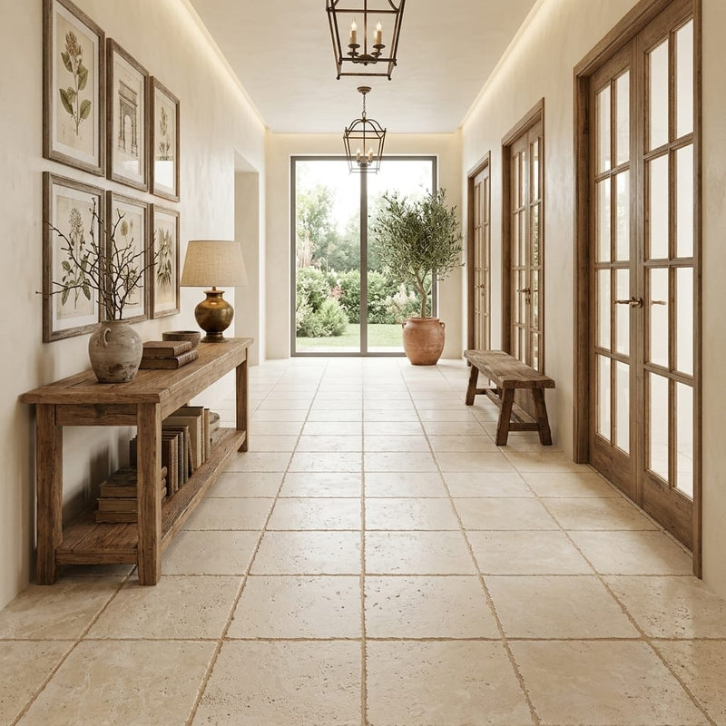 Ivory Travertine Tile 18x18 Brushed Chiseled — Hallway floor