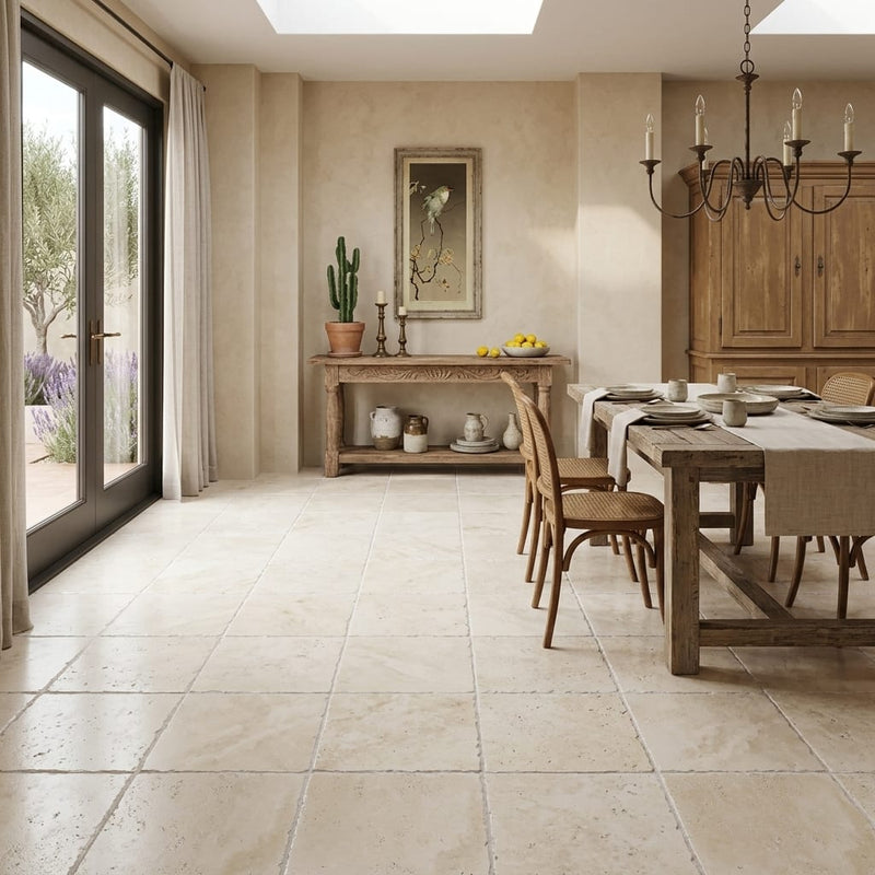 Ivory Travertine Tile 18x18 Brushed Chiseled — Living Room floor