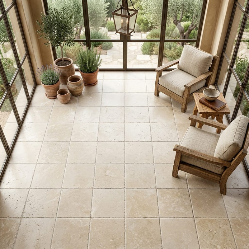Ivory Travertine Tile 18x18 Brushed Chiseled — Sunroom floor
