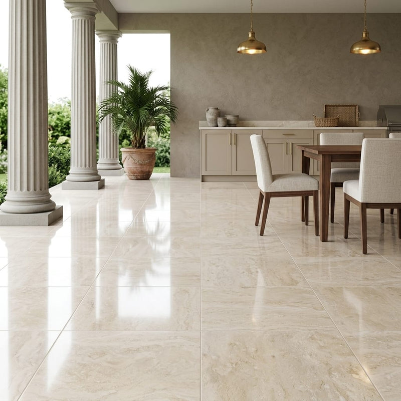 Ivory Travertine Tile 18x18 Filled, Polished — Covered Patio floor