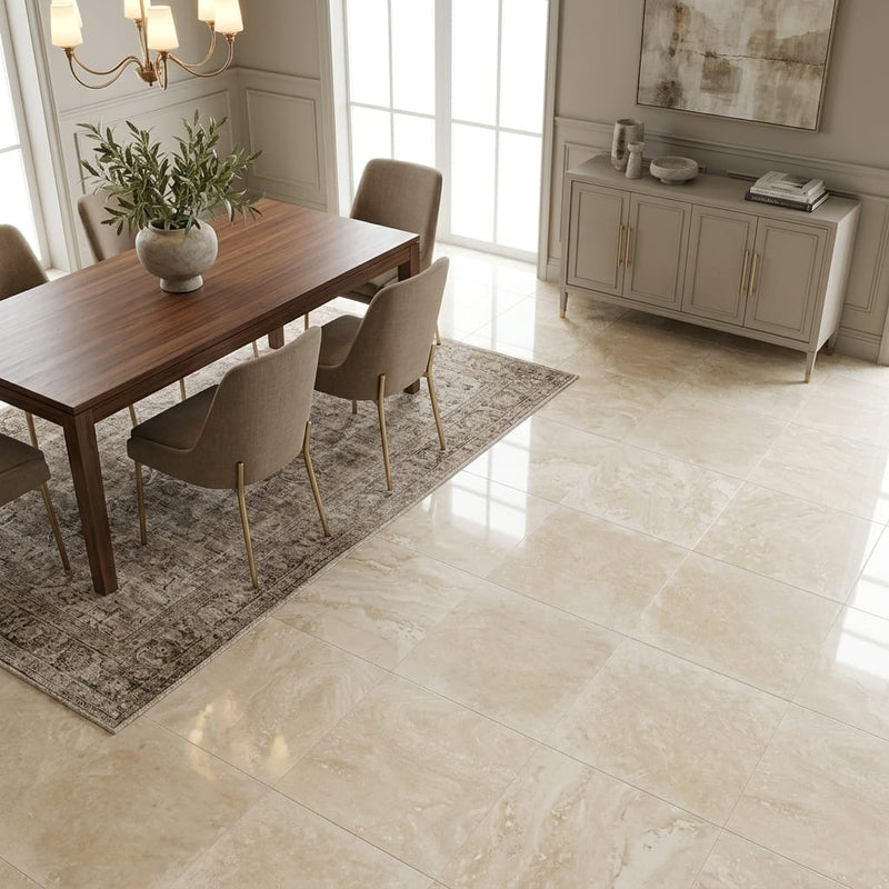 Ivory Travertine Tile 18x18 Filled, Polished — Dining Room floor
