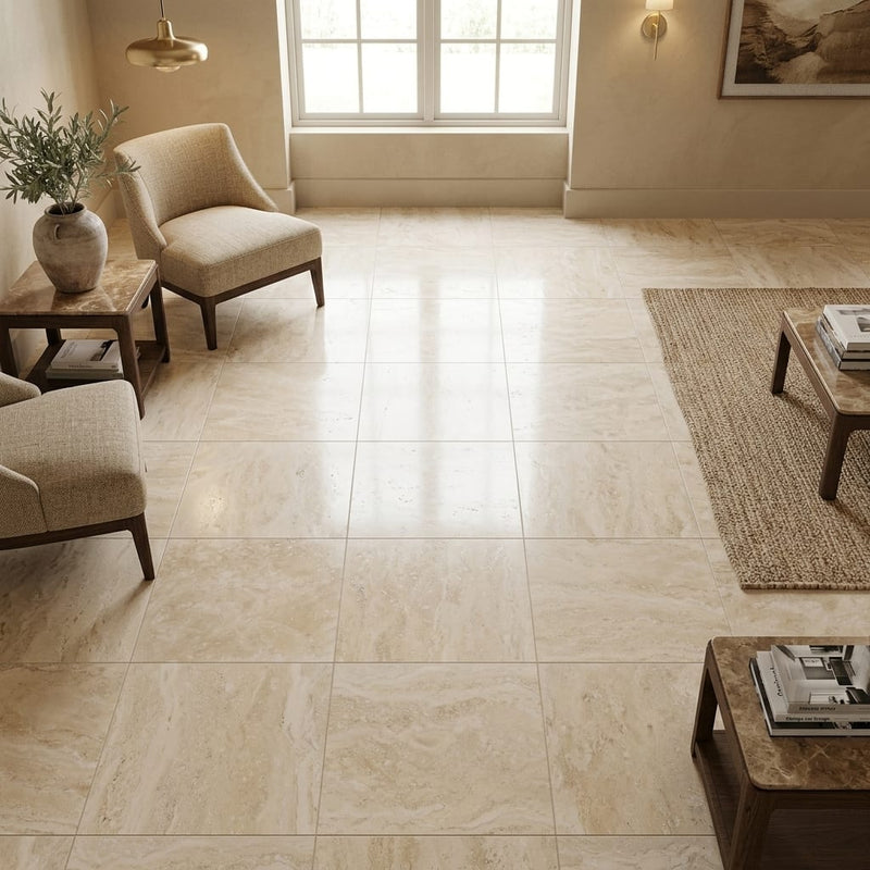 Ivory Travertine Tile 18x18 Filled, Polished — Family Room floor