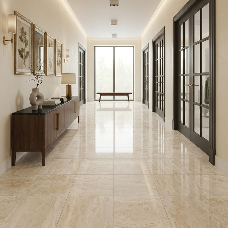 Ivory Travertine Tile 18x18 Filled, Polished — Hallway floor