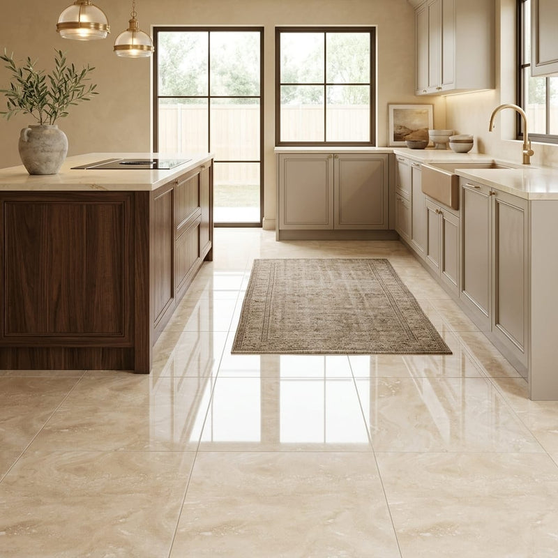 Ivory Travertine Tile 18x18 Filled, Polished — Kitchen floor