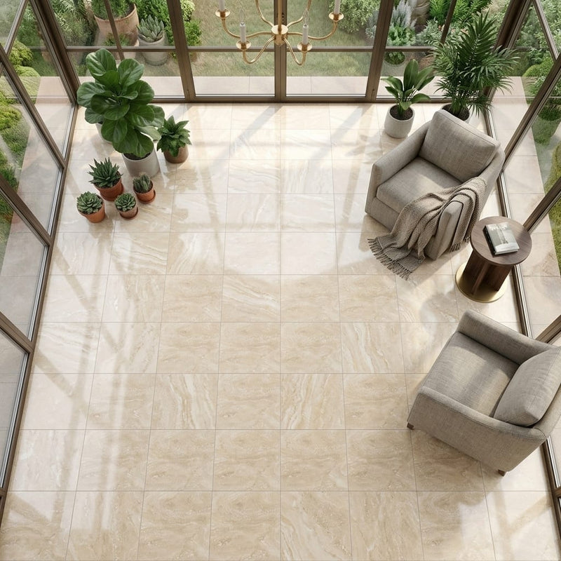 Ivory Travertine Tile 18x18 Filled, Polished — Sunroom floor
