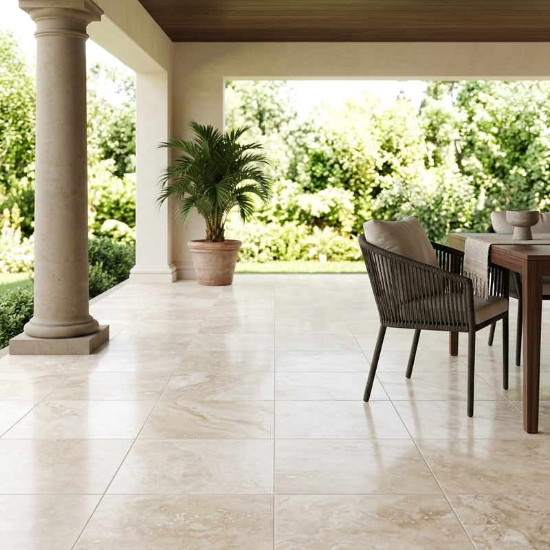 Ivory Travertine Tile 18x18 Honed, Filled — Covered Patio floor