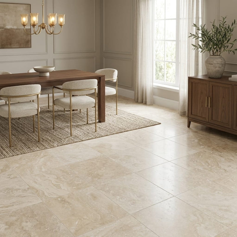Ivory Travertine Tile 18x18 Honed, Filled — Dining Room floor