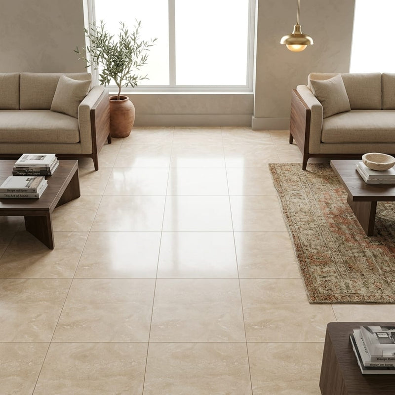 Ivory Travertine Tile 18x18 Honed, Filled — Family Room floor