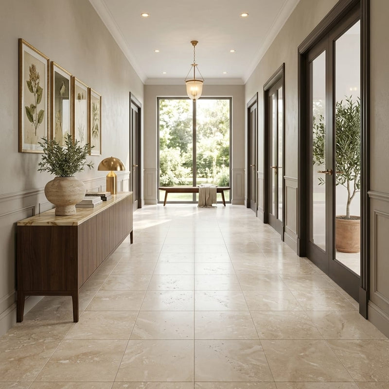 Ivory Travertine Tile 18x18 Honed, Filled — Hallway floor