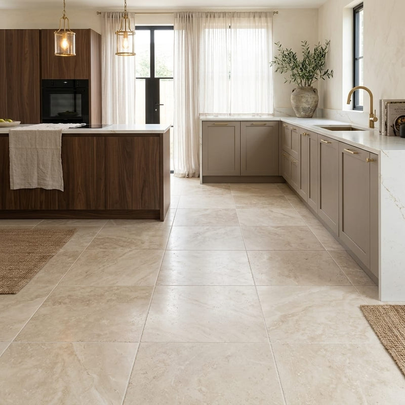 Ivory Travertine Tile 18x18 Honed, Filled — Kitchen floor