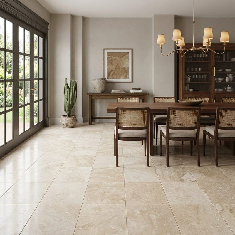 Ivory Travertine Tile 18x18 Honed, Filled — Living Room floor