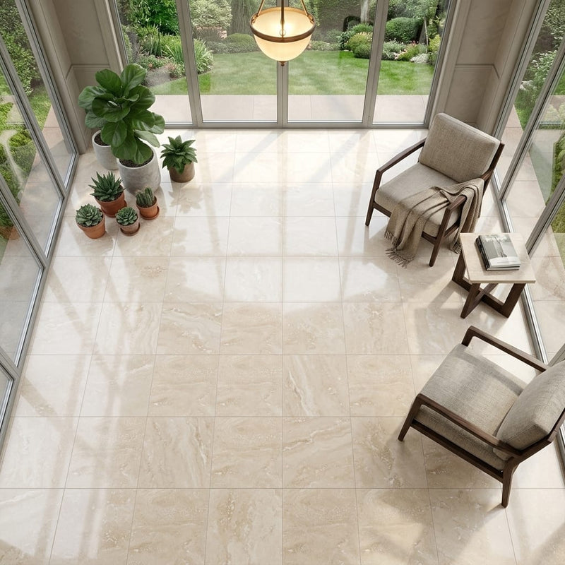 Ivory Travertine Tile 18x18 Honed, Filled — Sunroom floor