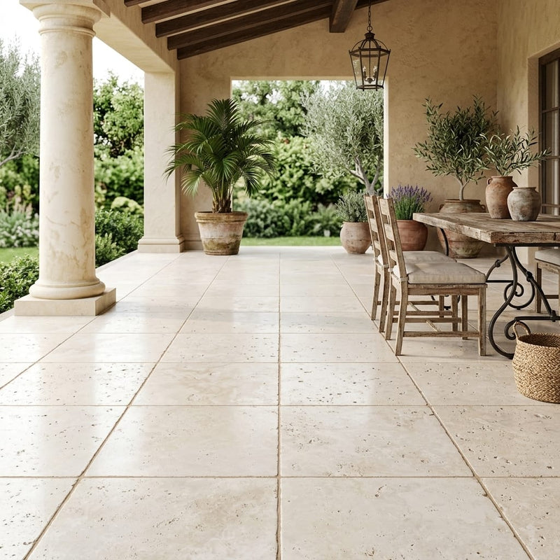Ivory Travertine Tile 18x18 Tumbled — Covered Patio floor
