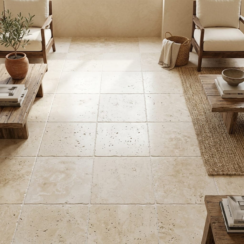 Ivory Travertine Tile 18x18 Tumbled — Family Room floor