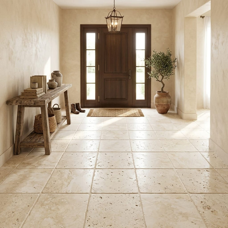 Ivory Travertine Tile 18x18 Tumbled — Foyer floor
