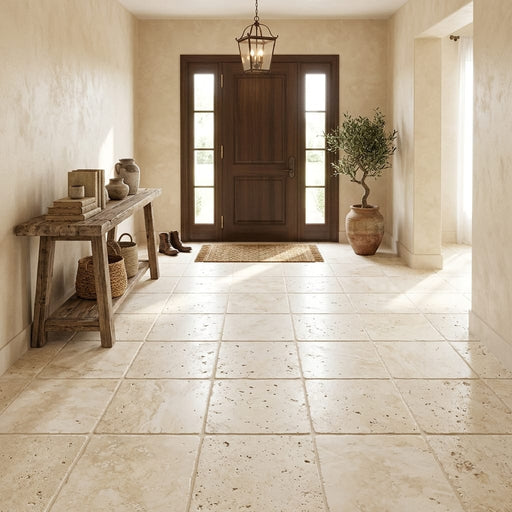 Ivory Travertine Tile 18x18 Tumbled — Foyer floor