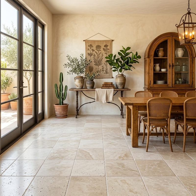 Ivory Travertine Tile 18x18 Tumbled — Living Room floor