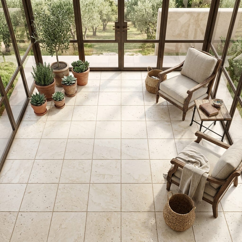 Ivory Travertine Tile 18x18 Tumbled — Sunroom floor