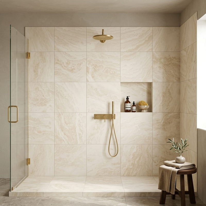 Ivory Travertine Tile 24x24 Honed, Filled — Bathroom shower wall