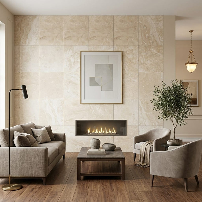 Ivory Travertine Tile 24x24 Honed, Filled — Living Room feature wall