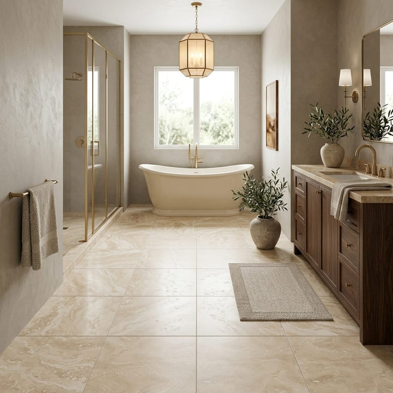 Ivory Travertine Tile 24x24 Honed, Filled — Primary Bath floor