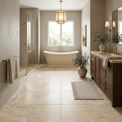 Ivory Travertine Tile 24x24 Honed, Filled — Primary Bath floor