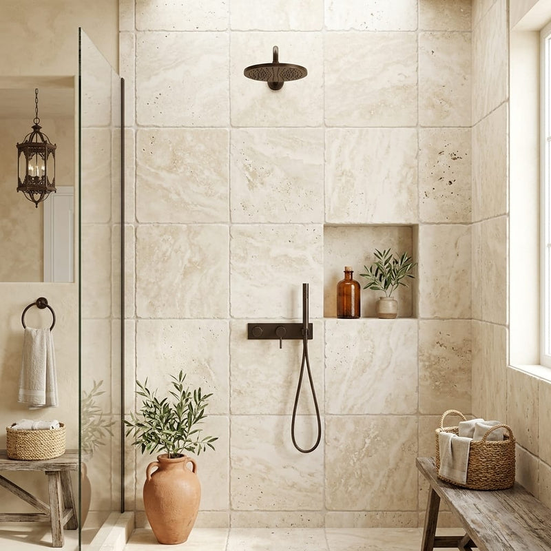 Ivory Travertine Tile 24x24 Tumbled — Bathroom shower wall