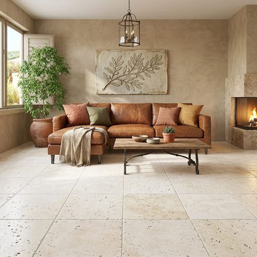 Ivory Travertine Tile 24x24 Tumbled — Living Room floor
