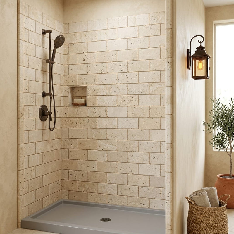 Ivory Travertine Tile 3x6 Tumbled — Bathroom shower wall edge