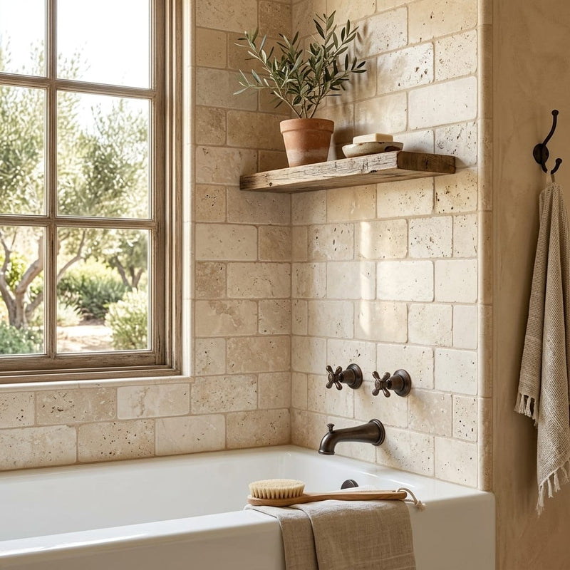 Ivory Travertine Tile 3x6 Tumbled — Bathroom tub surround edge