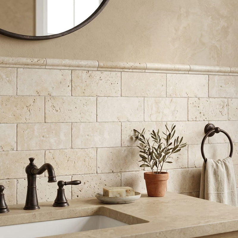 Ivory Travertine Tile 3x6 Tumbled — Bathroom wainscot cap