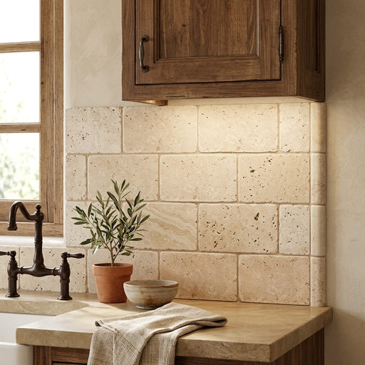 Ivory Travertine Tile 3x6 Tumbled — Kitchen backsplash edge