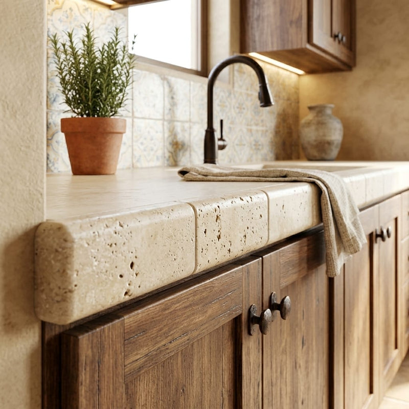 Ivory Travertine Tile 3x6 Tumbled — Kitchen countertop edge