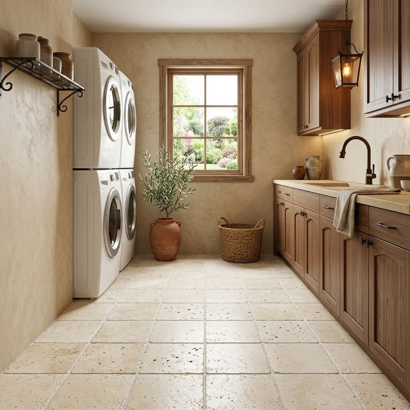 Ivory Travertine Tile 4x4 Tumbled — Laundry Room floor
