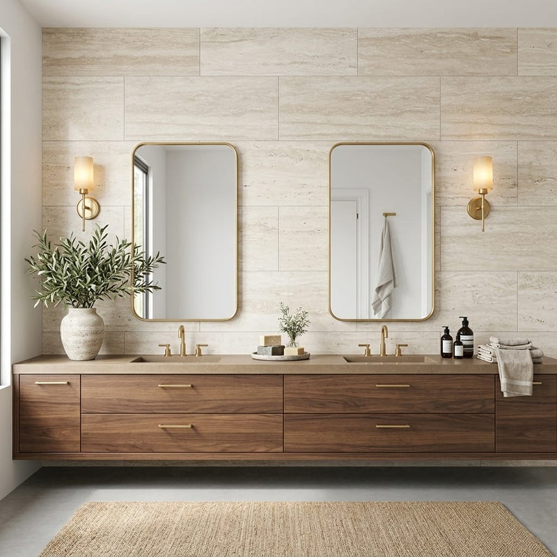 Ivory Vein Cut 18x36 Honed Travertine Tile — Bathroom vanity wall
