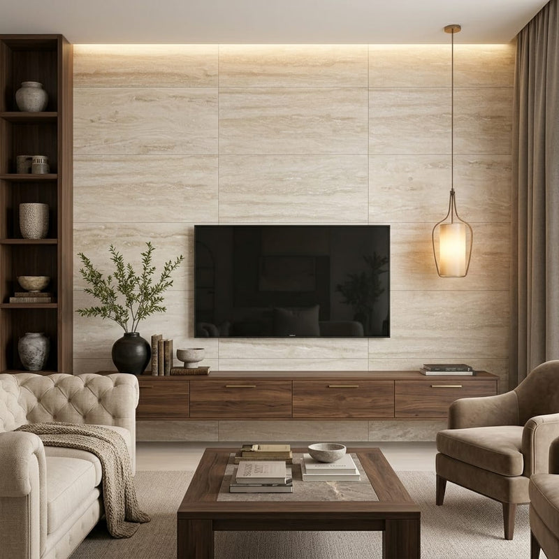 Ivory Vein Cut 18x36 Honed Travertine Tile — Living Room feature wall
